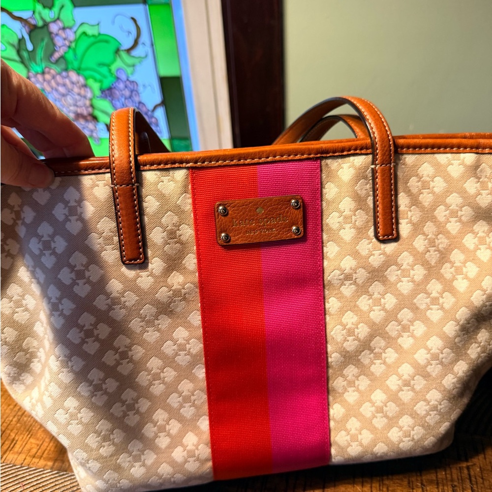 Kate Spade Beige Monogram Tote with Pink and Red Stripe - Picture 2 of 8